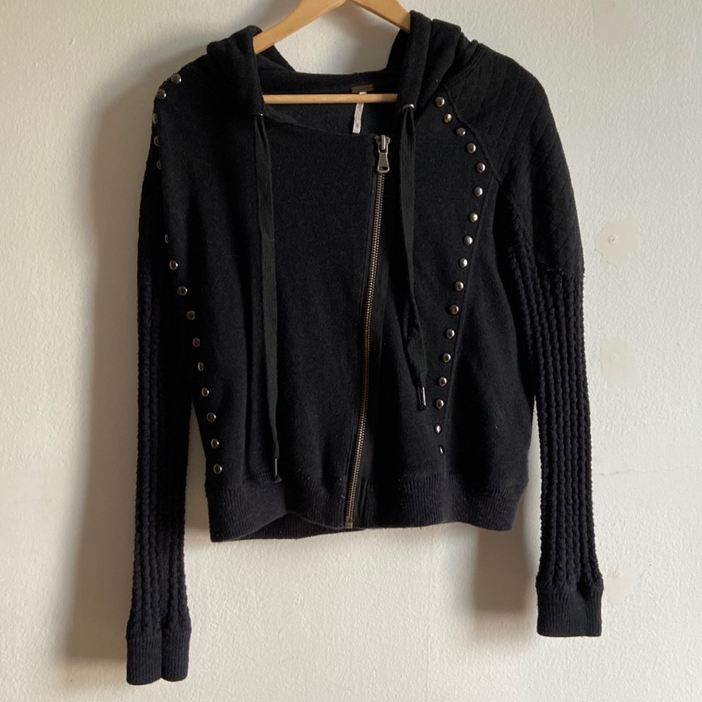 Free People hooded black knit zipped sweater